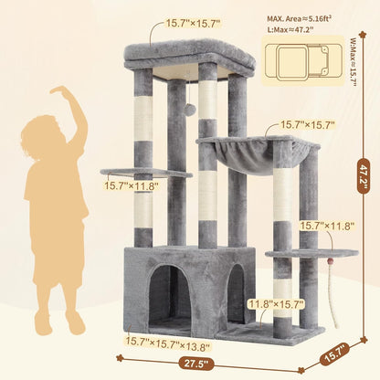 Cat Tree Tower Scratching Post Large Indoor Condo Hammock Toy Balls Light Grey