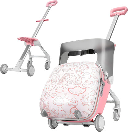 Kids Ride On Suitcase Luggage 20" 35L Carry On Trolley Seat Foldable Pink Travel