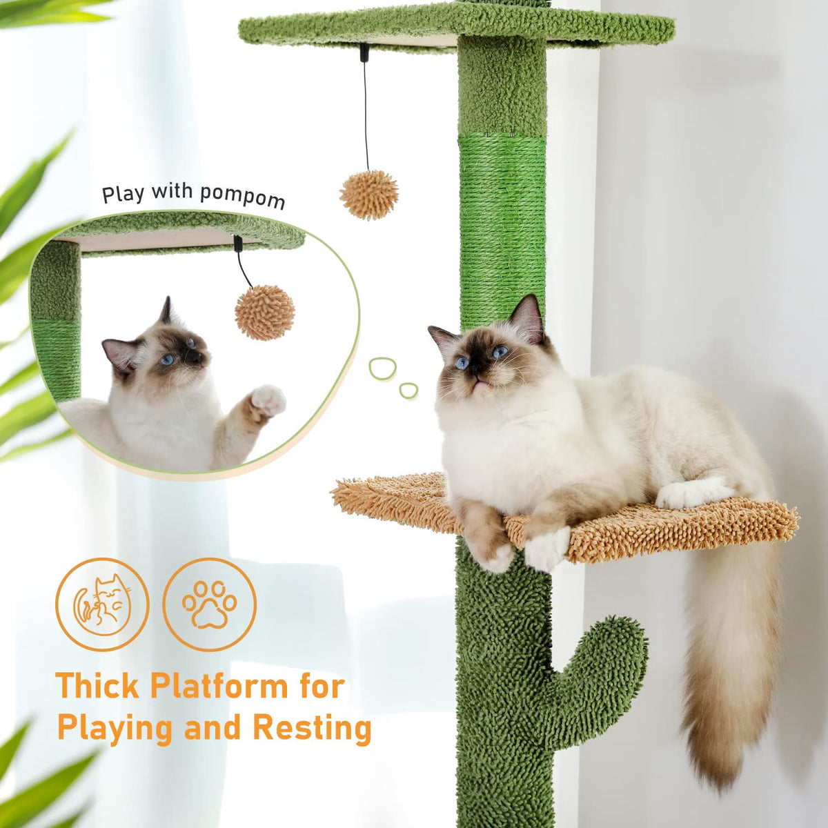 Cat Tree Scratching Tower 229-275cm 5 Tier Cactus Floor Ceiling Hammock Green