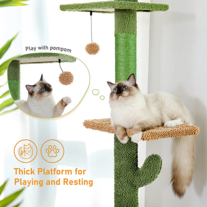 Cat Tree Scratching Tower 229-275cm 5 Tier Cactus Floor Ceiling Hammock Green