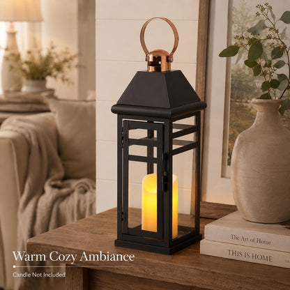 Lantern Candle Holder Vintage Metal Glass 39cm Black Hanging Indoor Outdoor