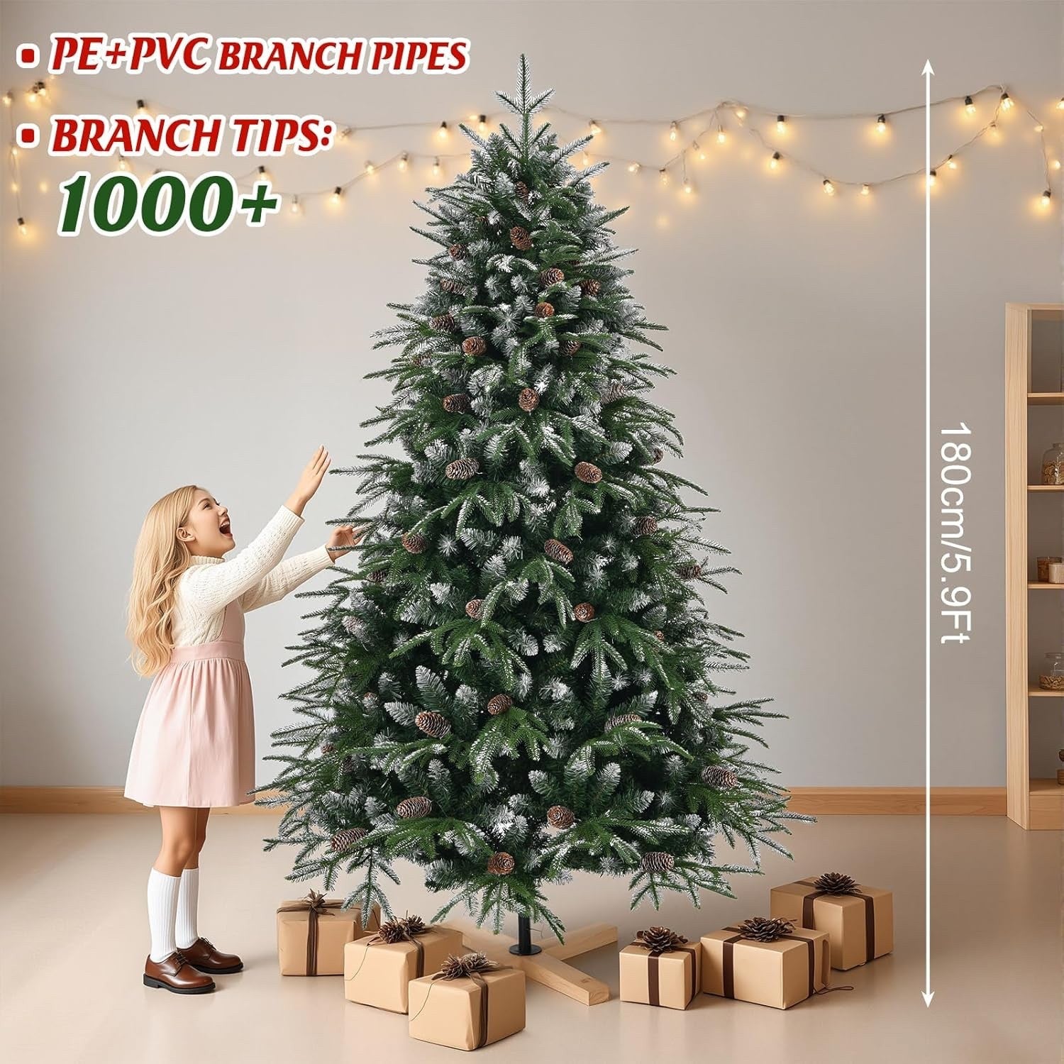 180cm Snow Flocked Artificial Christmas Tree PE PVC Pinecones Wood Stand