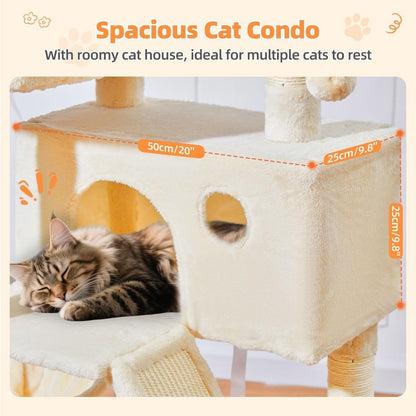 Cat Tree Scratching Tower 146cm Large Indoor Condo Hammock 8 Sisal Posts Beige