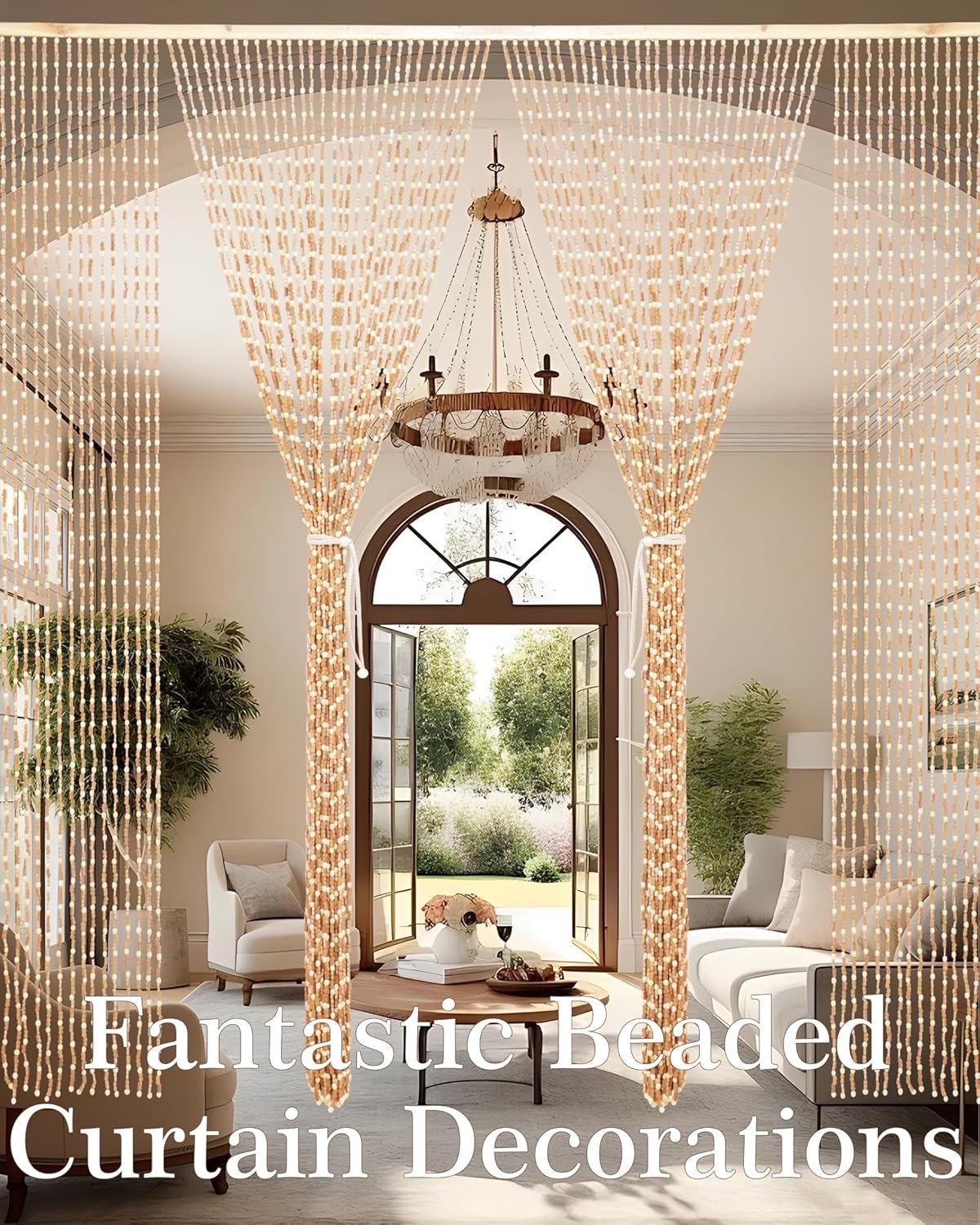 Bamboo Beaded Door Curtain 90x200cm 52 Strands Beige Wooden Fly Screen Doorway