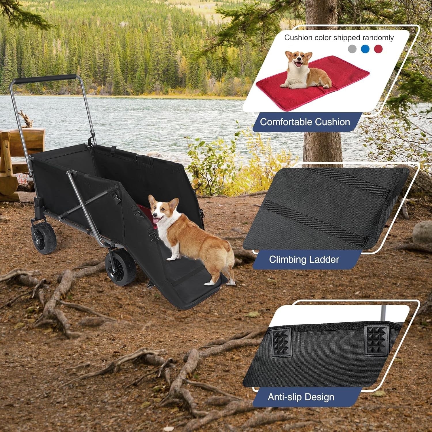 Dog Wagon Trolley Cart Folding 134L Heavy Duty Extendable Rear 70kg Black Pet