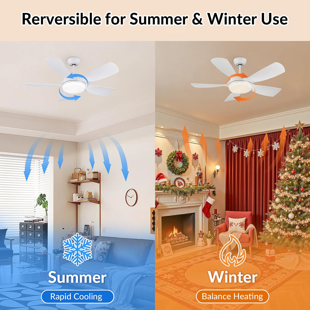 Ceiling Fan Light Remote 30in White 5 Blade Reversible Dimmable LED Sleep Mode
