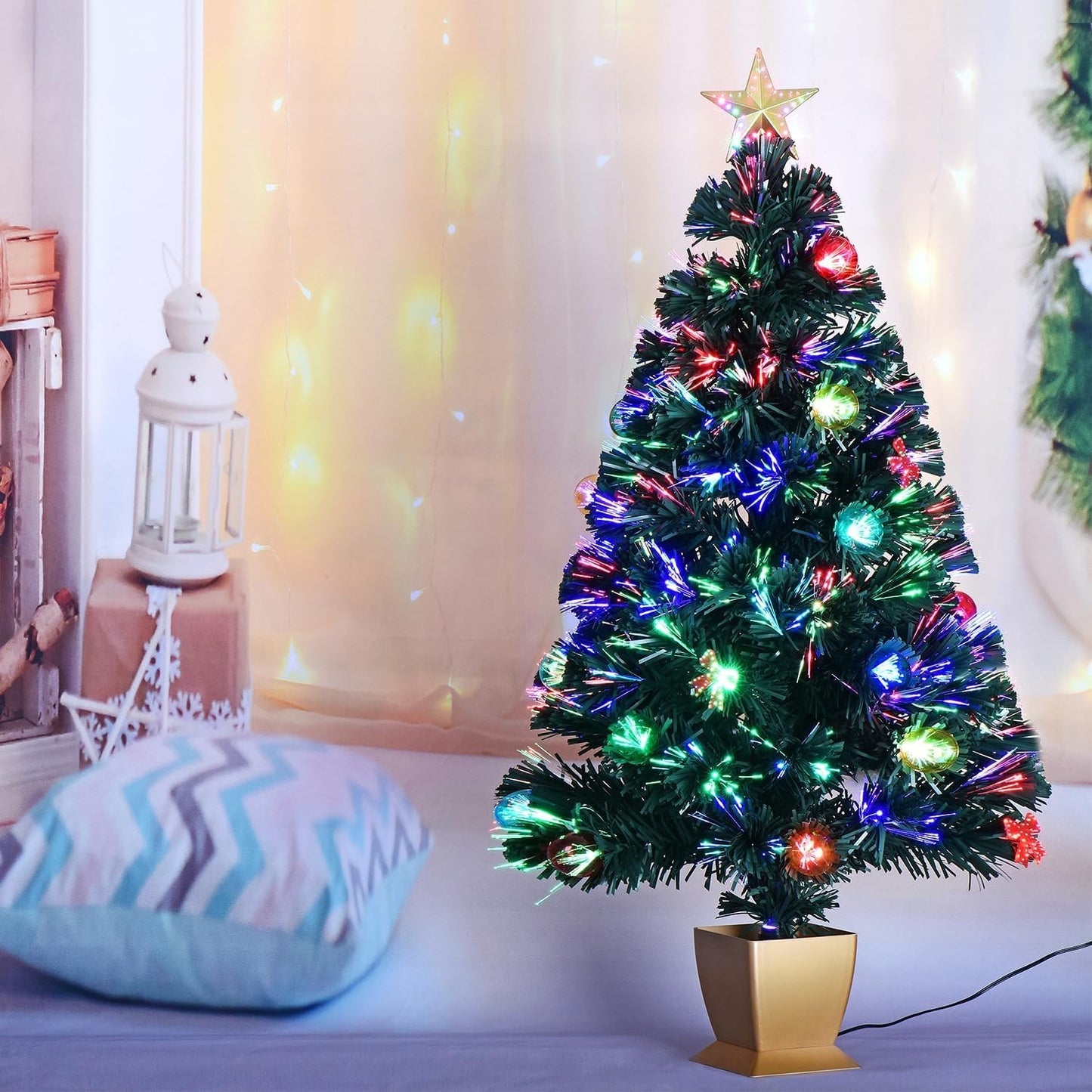 3FT Fiber Optic Christmas Tree Mini Prelit Tabletop Tree LED Star Decor Green
