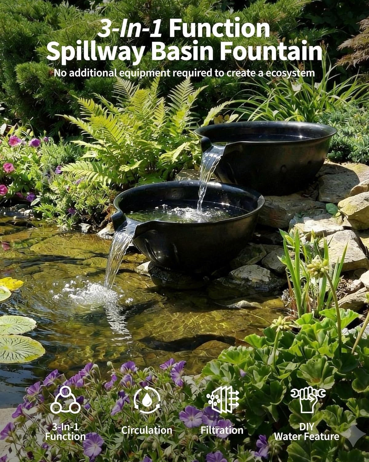 Pond Waterfall Fountain Kit 2 Tier Spillway Bowls 2500L/H Pump Garden Feature
