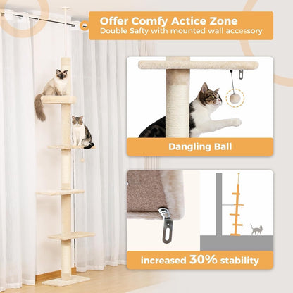 Cat Tree Tower Scratching Post Floor Ceiling 5 Tier Adjustable 243-273cm Beige