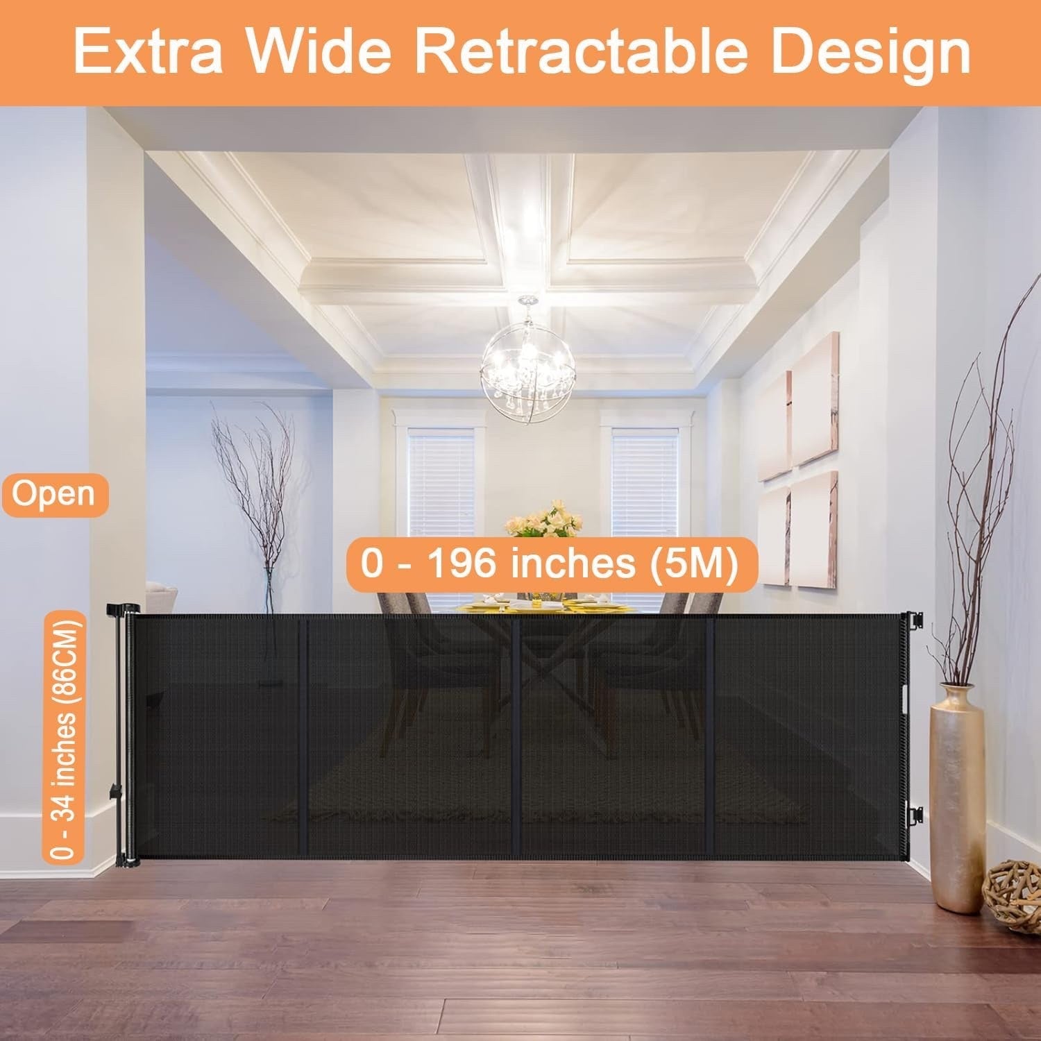 Baby Gate Retractable Pet Gate Extra Long 5M 500cm Black Indoor Outdoor Kids