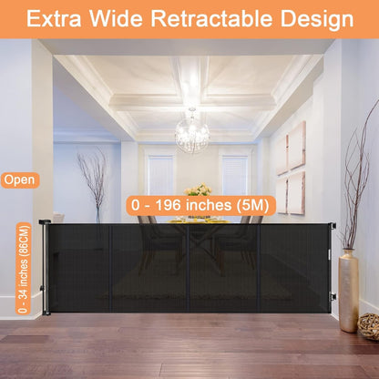 Baby Gate Retractable Pet Gate Extra Long 5M 500cm Black Indoor Outdoor Kids