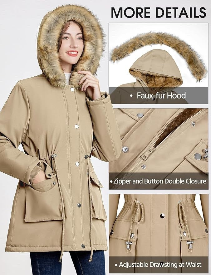 Womens Winter Parka Jacket Waterproof Fleece Lined Hooded Coat Khaki XL