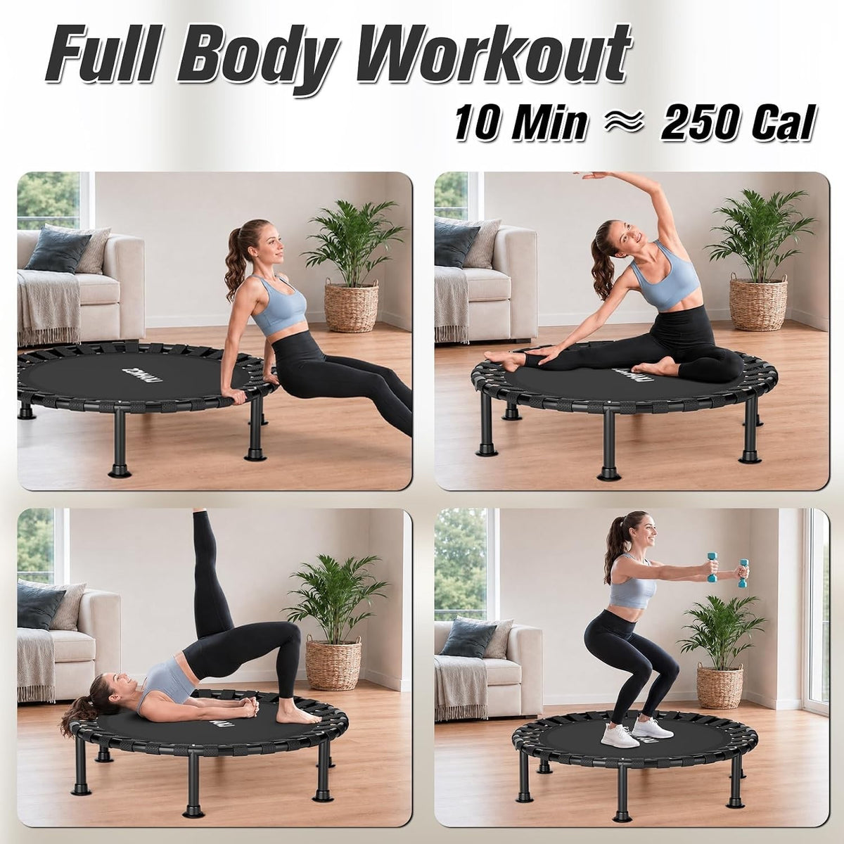 Mini Trampoline Rebounder Fitness 40 Inch Foldable Indoor Exercise Bungee Black