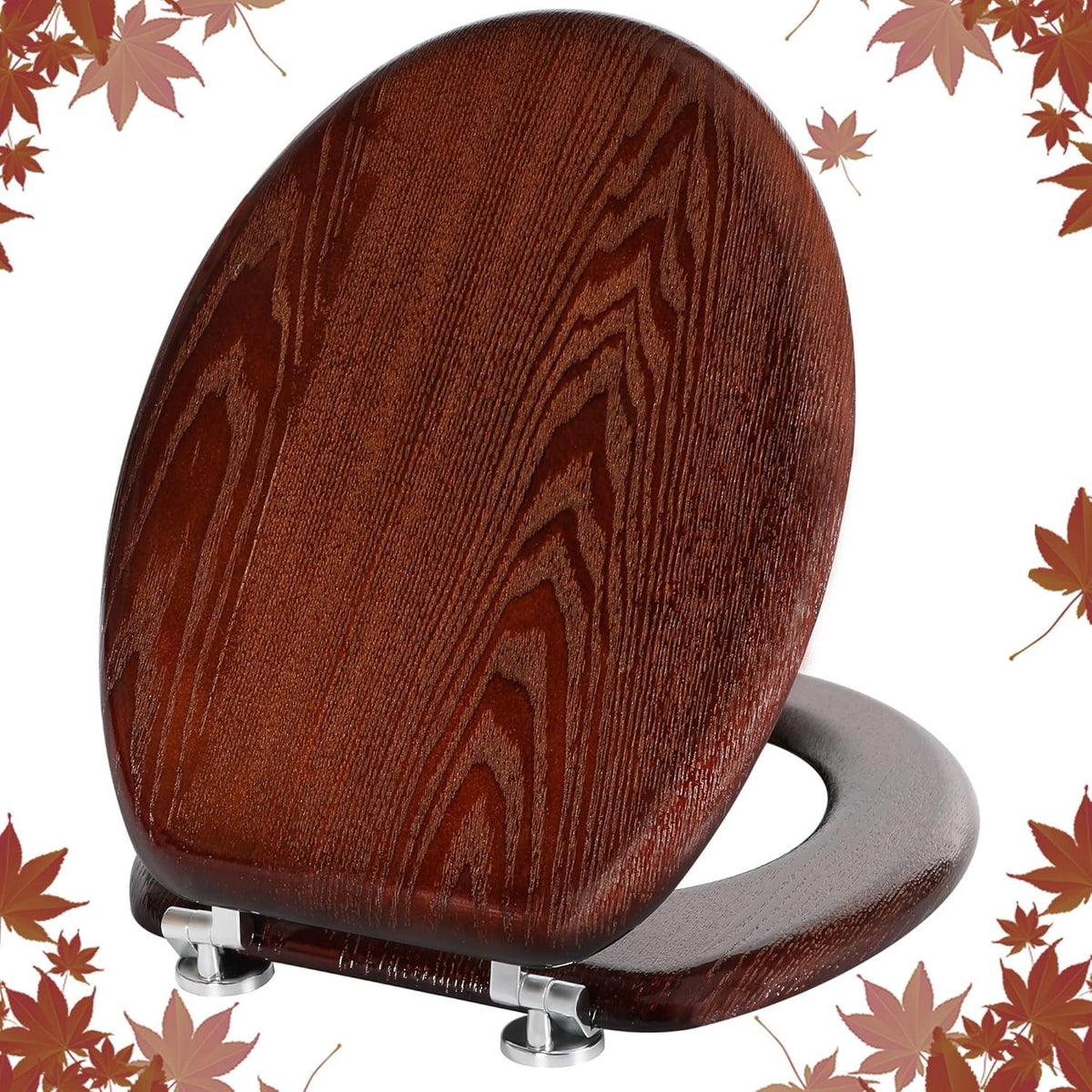 Toilet Seat Wooden Oval Bathroom Lid Dark Walnut MDF Adjustable Hinges 45x37cm
