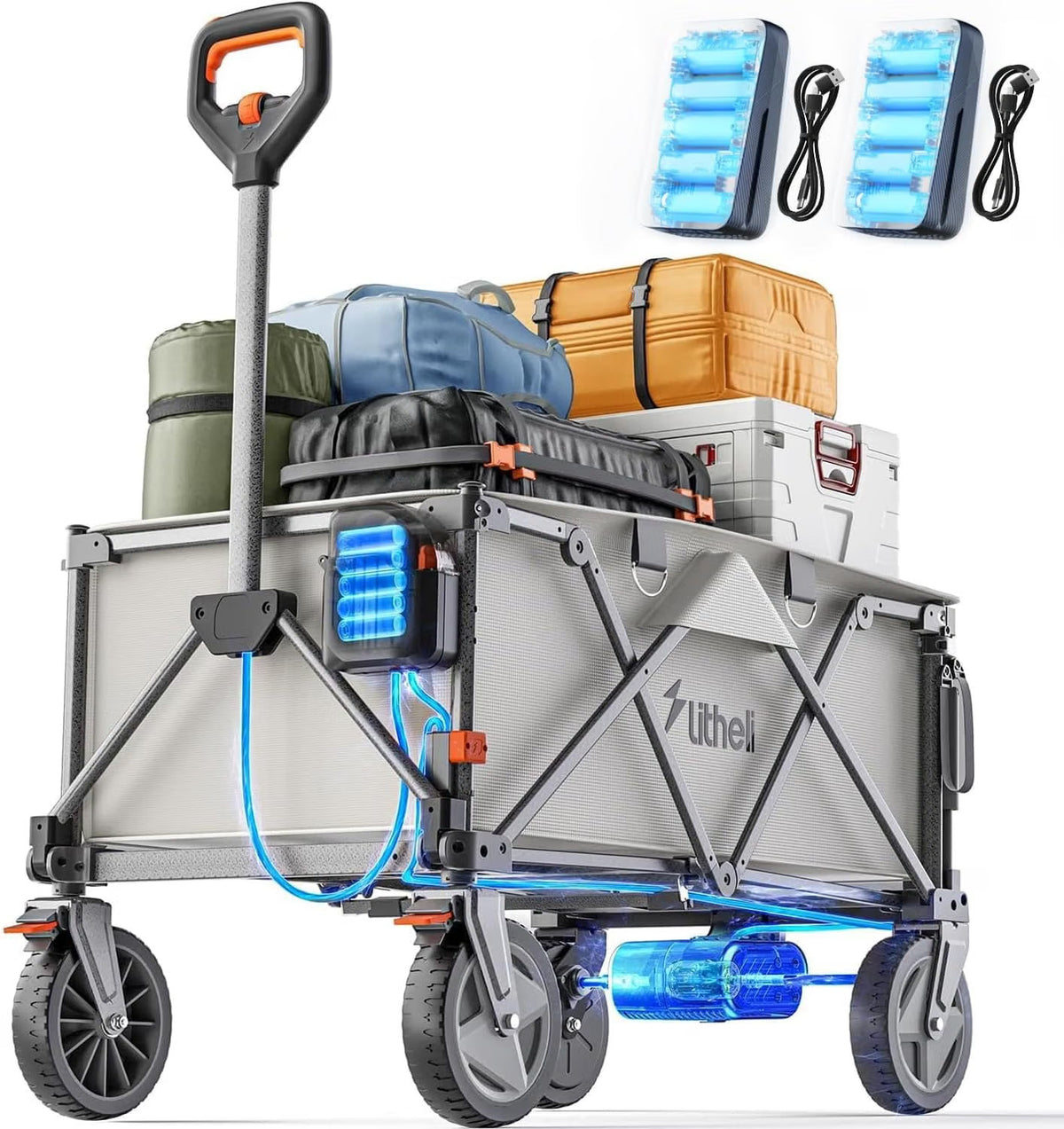 Litheli Electric Camping Trolley Wagon Foldable 200L 60kg Cart Beige 2 Batteries