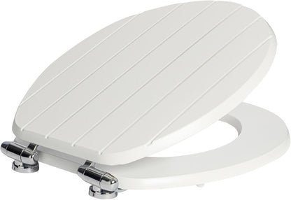 Soft Close Toilet Seat White Wooden MDF Oval 43.2x37.5cm Chrome Hinges