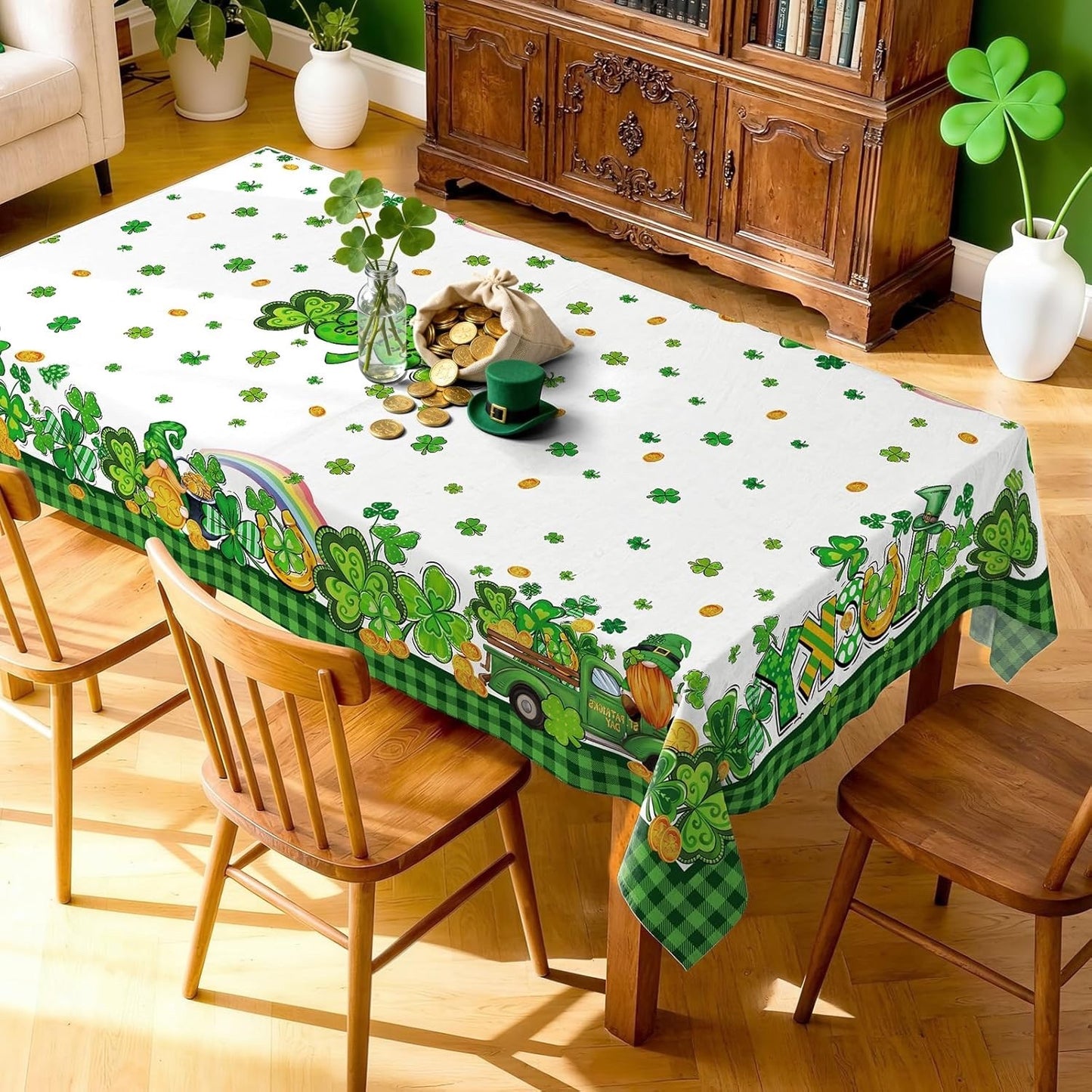 St Patricks Tablecloth Shamrock Clover Polyester Rectangular 60x84 Party Decor