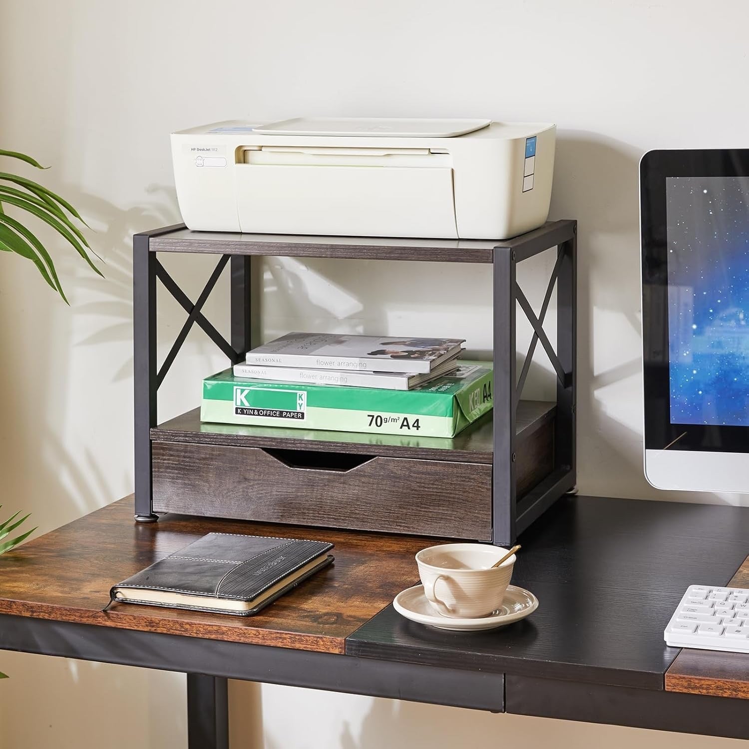 Printer Stand Desktop 2 Tier Storage Drawer Shelf Grey Wood Office Organizer