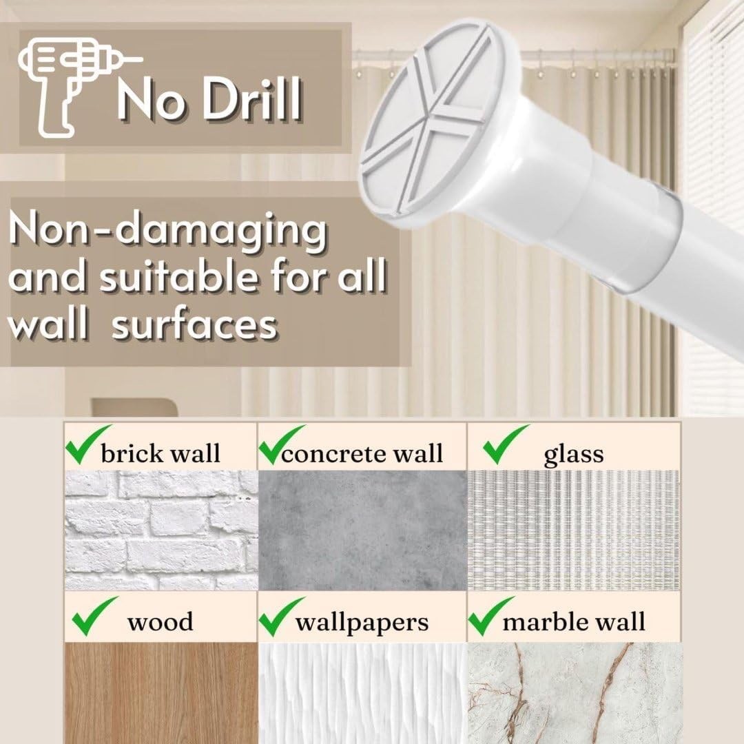 Shower Curtain Pole Tension Rod White 85-271cm 32mm No Drill Extendable Rail