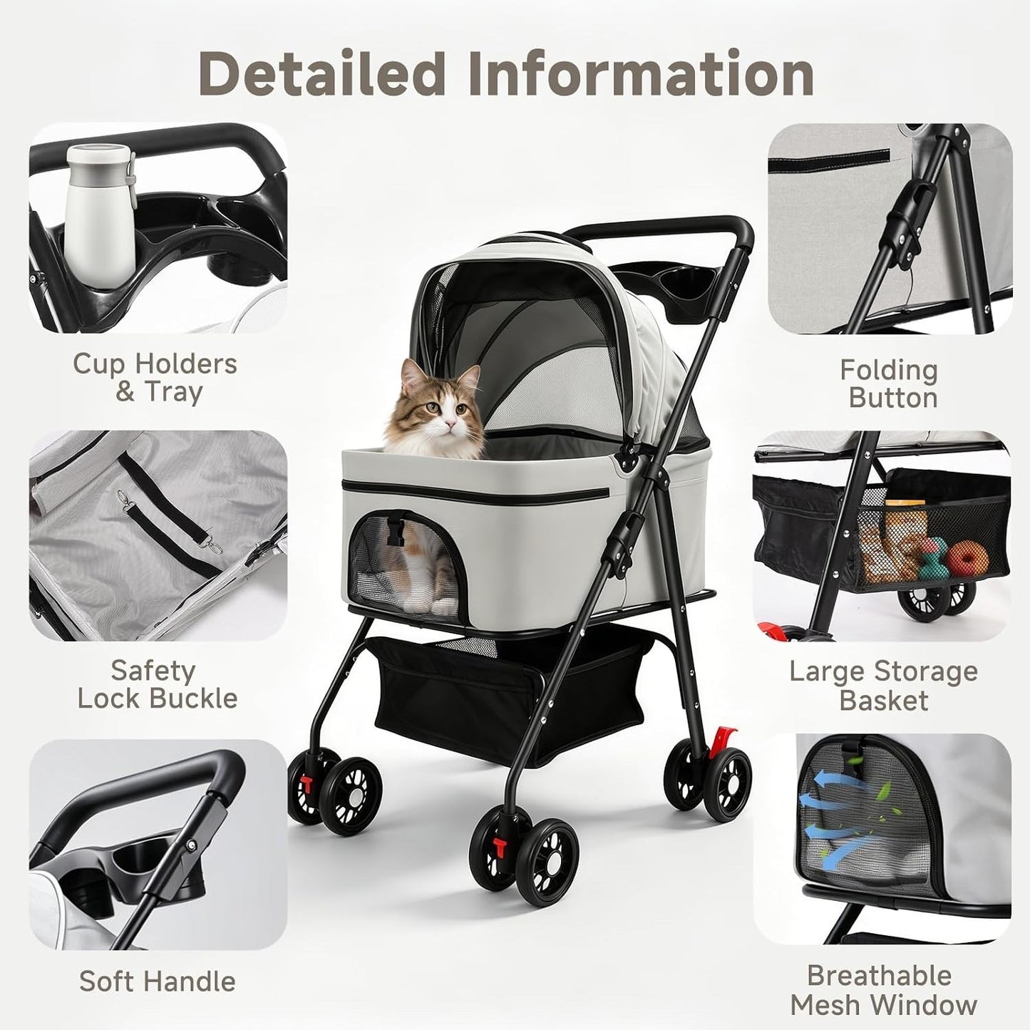 Pet Stroller Dog Pram 3-in-1 Cat Carrier Foldable 15kg Grey 4 Wheel Travel Bag