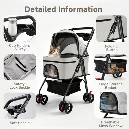 Pet Stroller Dog Pram 3-in-1 Cat Carrier Foldable 15kg Grey 4 Wheel Travel Bag