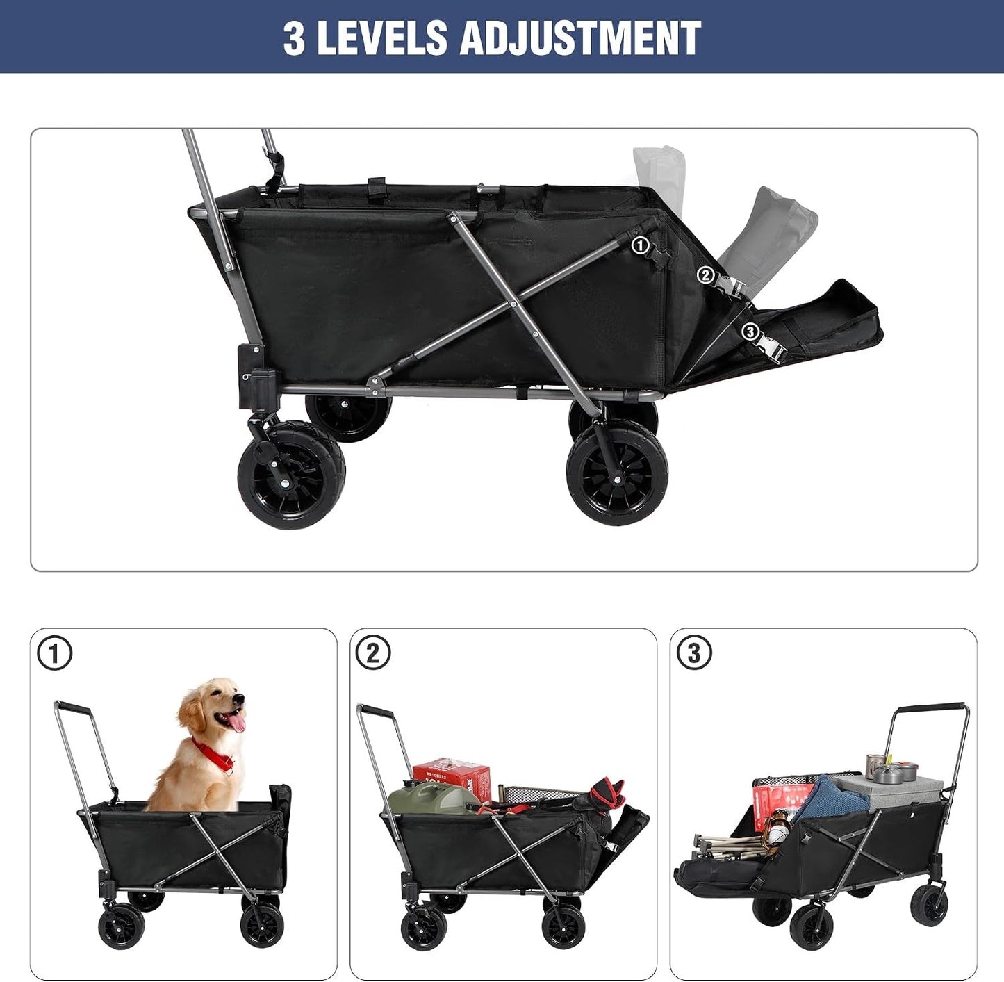 Dog Wagon Trolley Cart Folding 134L Heavy Duty Extendable Rear 70kg Black Pet