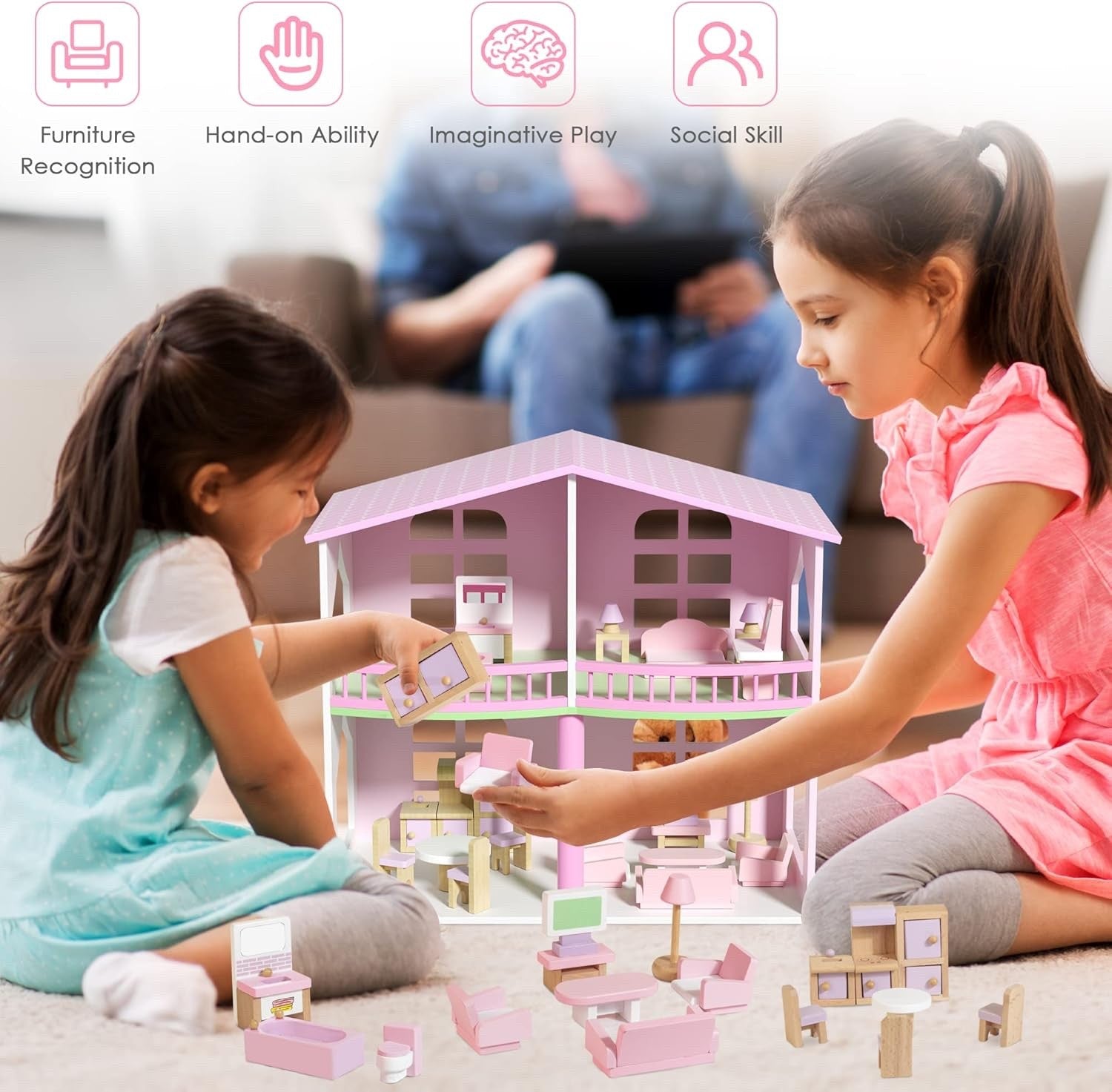 Dollhouse Furniture Set Wooden 22pcs 5 Room Miniature 1:12 Kids Toy Pink