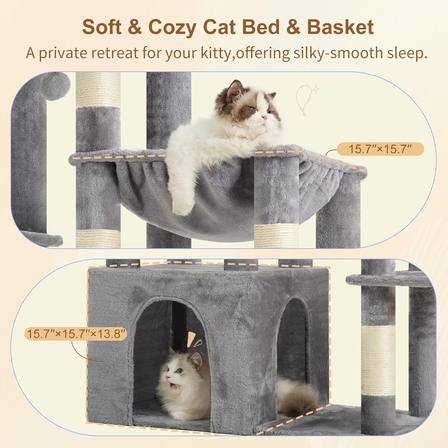 Cat Tree Tower Scratching Post Large Indoor Condo Hammock Toy Balls Light Grey