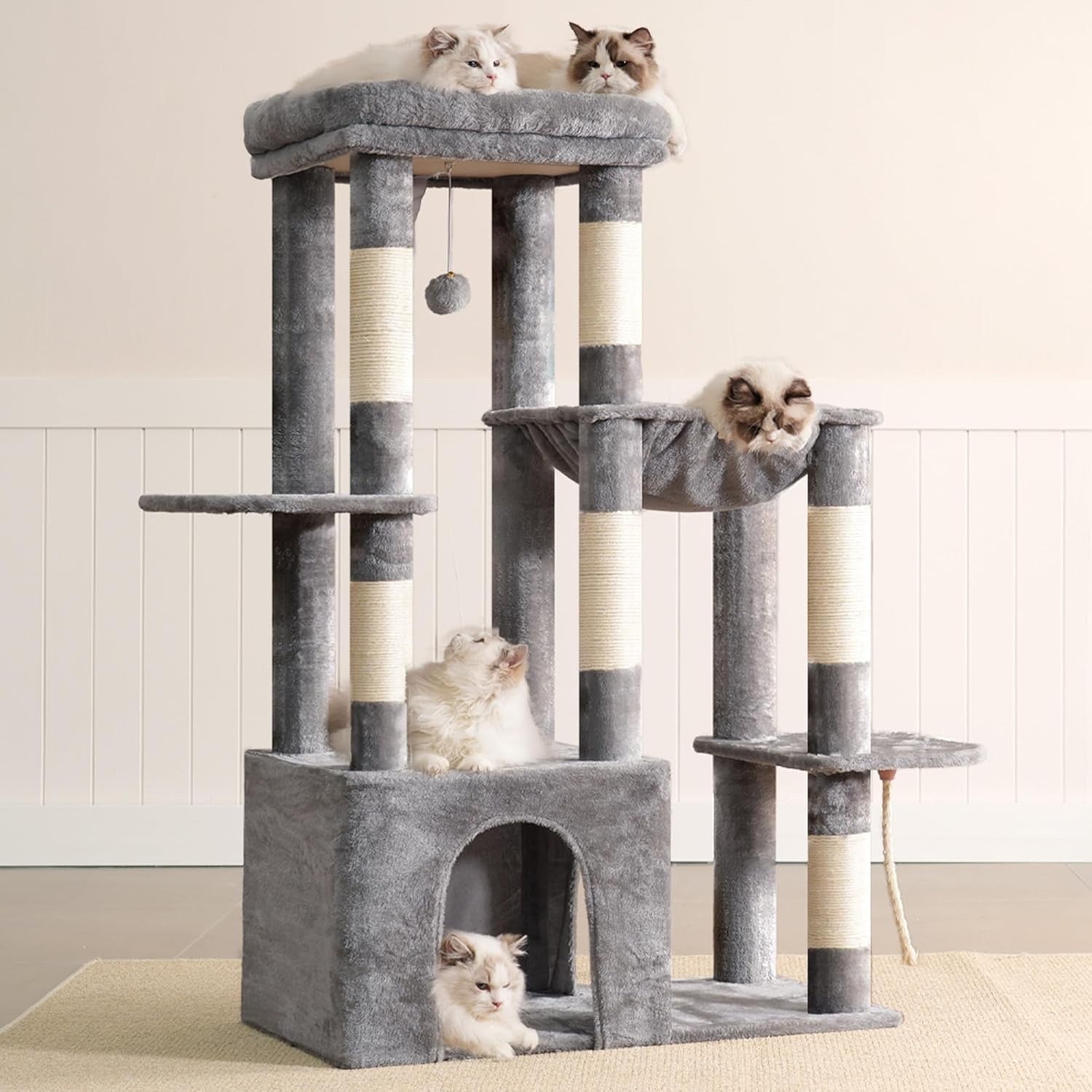 Cat Tree Tower Scratching Post Large Indoor Condo Hammock Toy Balls Light Grey