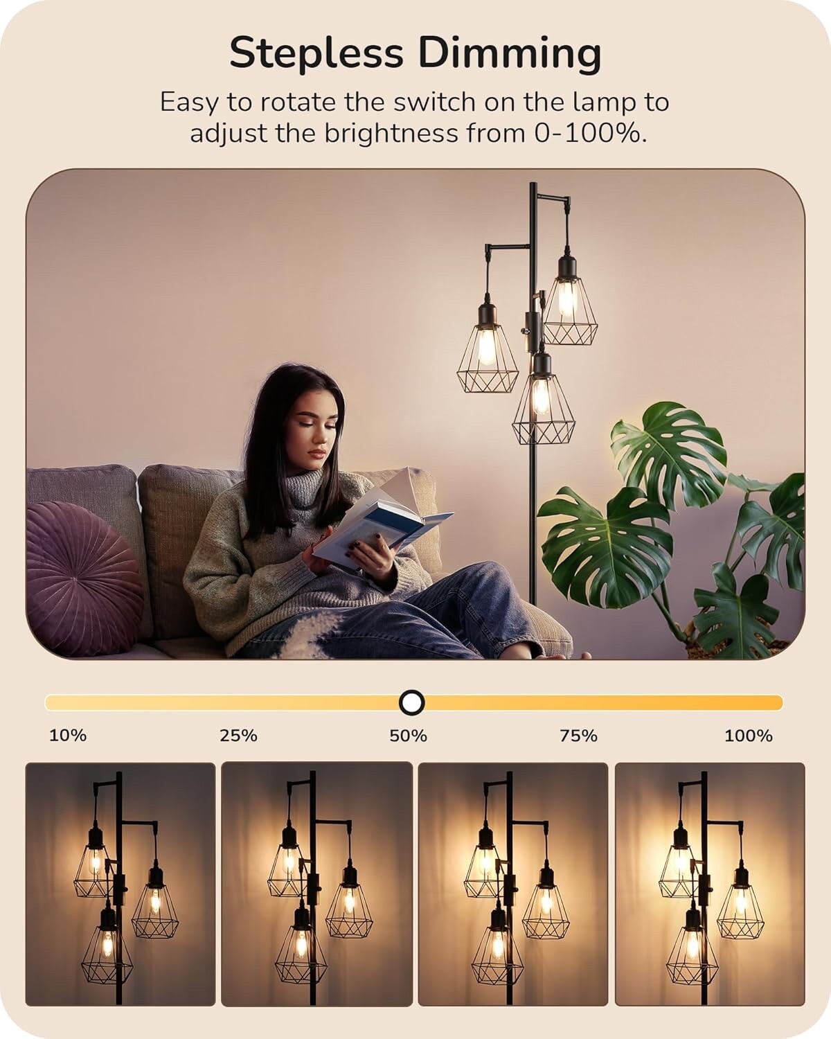 EDISHINE Industrial Floor Lamp with 3 LED Bulbs Diamond Cage Lampshade Black