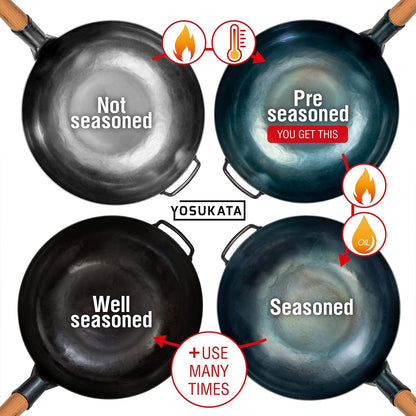 Wok Pan Carbon Steel 34cm Blue Flat Bottom Pre Seasoned Chinese Stir Fry Cooking