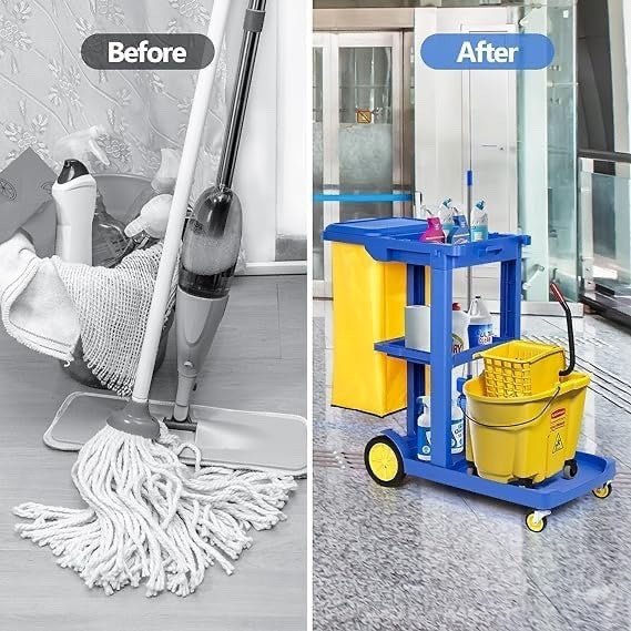 Heavy Duty Janitorial Cleaning Trolley Cart 3 Tier with Vinyl Bag Wheels Blue