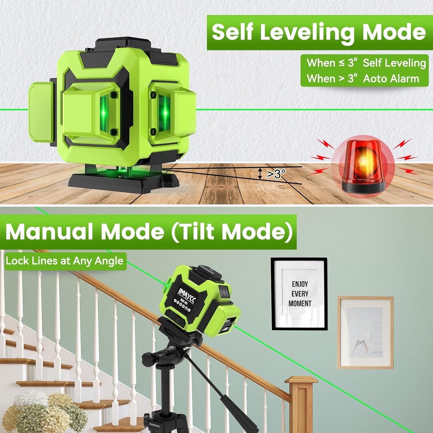IMAYCC 3D Green Laser Level Self Level 12 Lines Cross Line Tool Indoor Outdoor