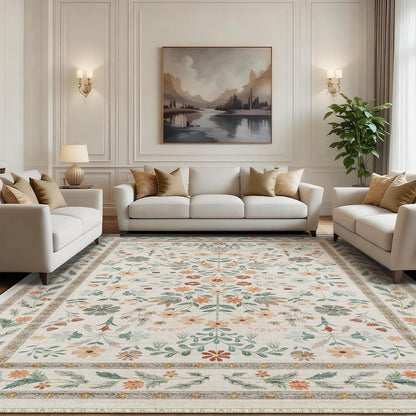 Large Living Room Rug Carpet 240x300cm Beige Vintage Floral Washable Non Slip