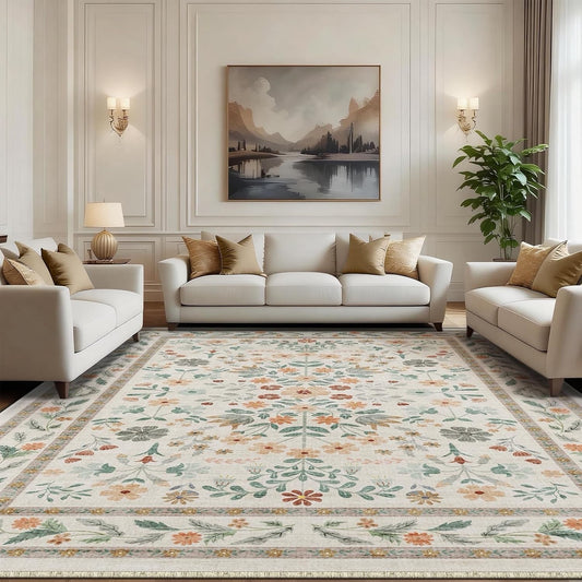 Large Living Room Rug Carpet 240x300cm Beige Vintage Floral Washable Non Slip