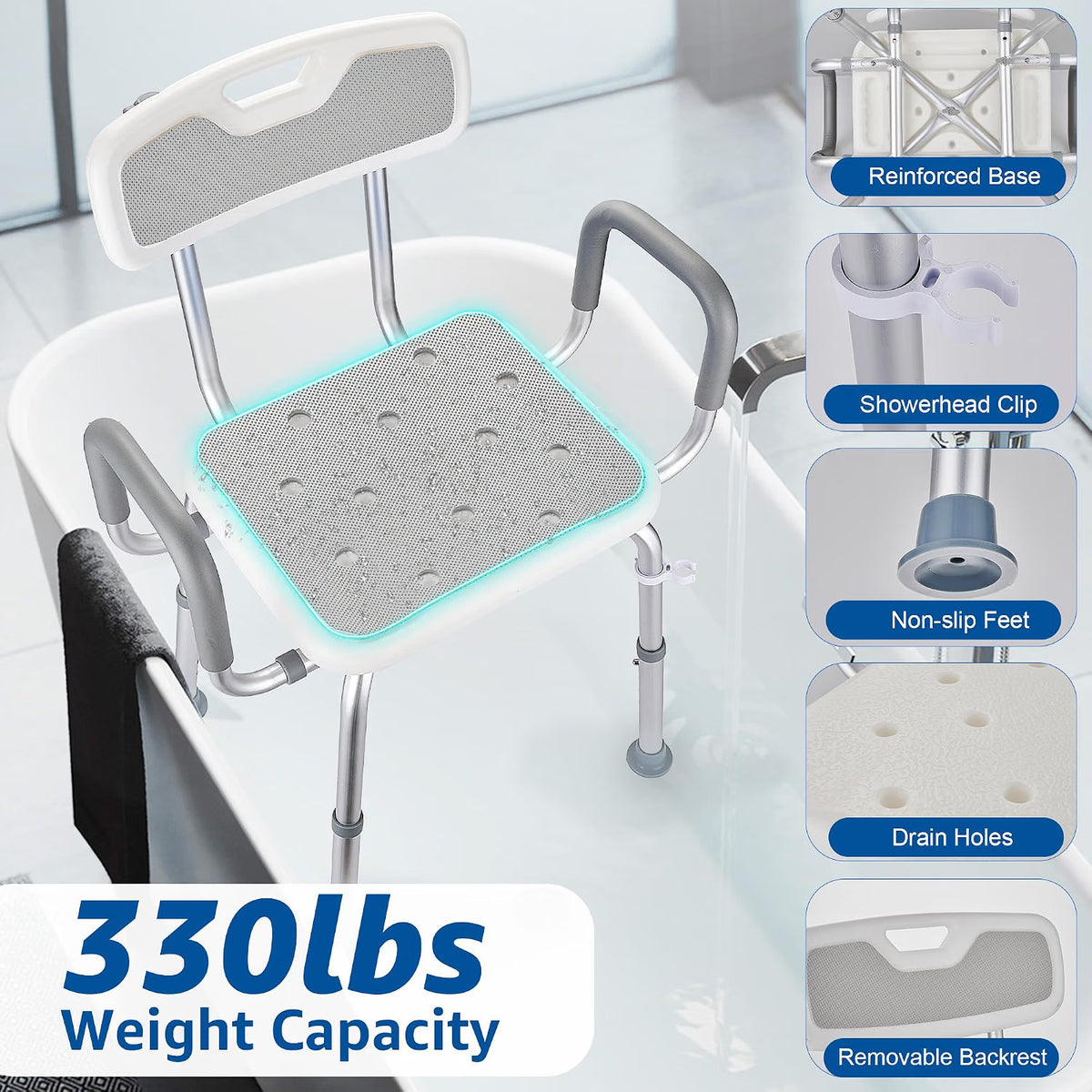 Shower Chair Shower Seat Padded Arms Back Extra Wide 330lb 6 Height Grey NonSlip