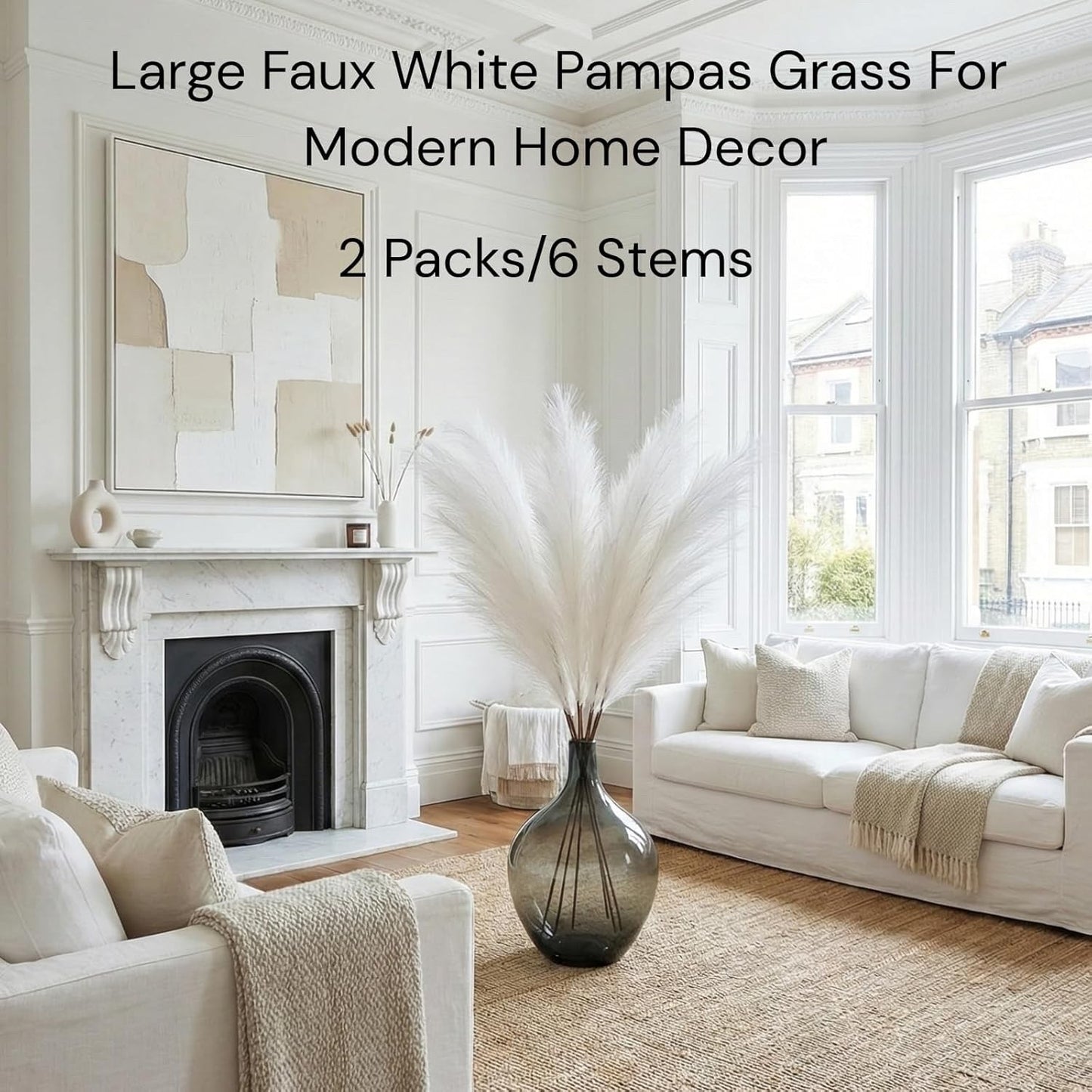 Artificial Pampas Grass 3 Stems 116cm White Large Faux Flowers Tall Vase Decor