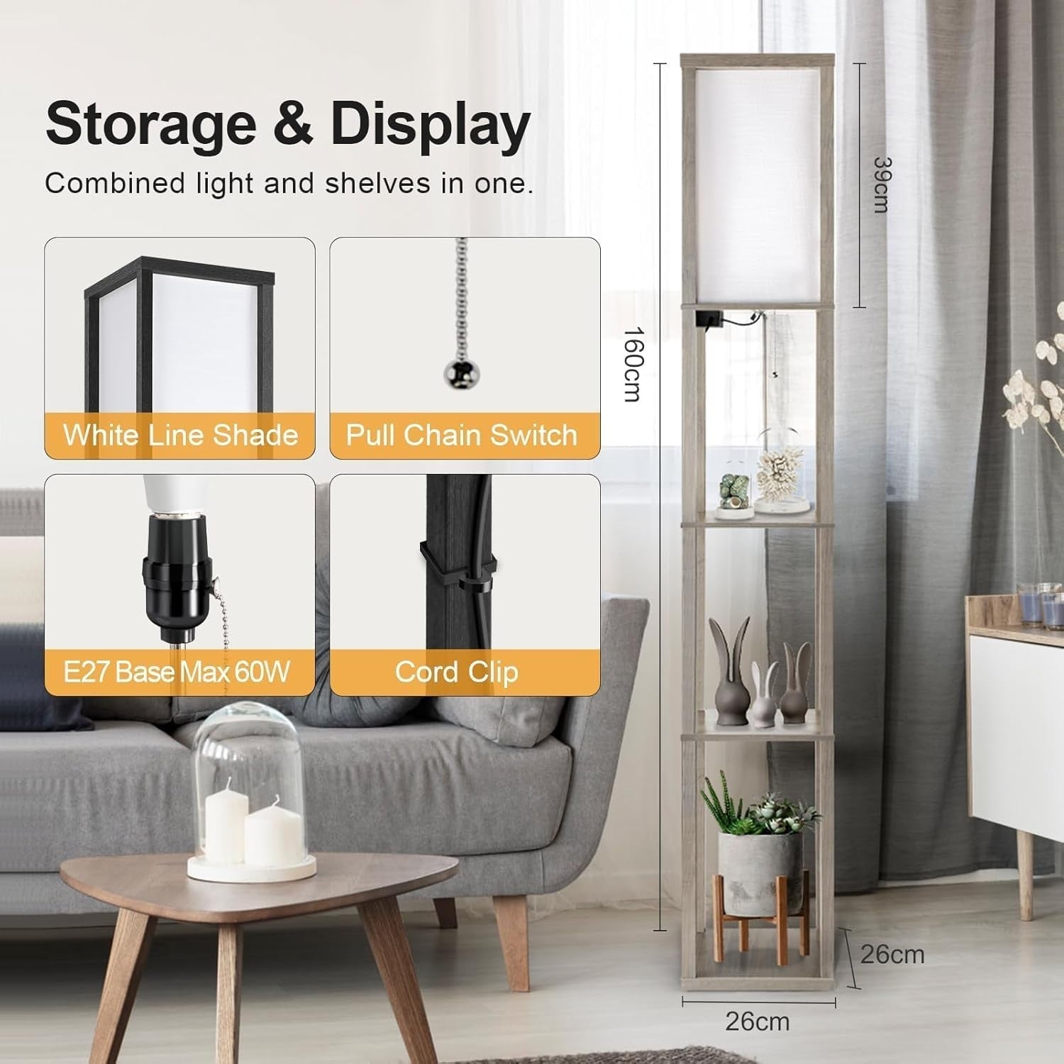 LED Floor Lamp w/ Shelves Remote Dimmable USB 3-Tier Rustic Grey