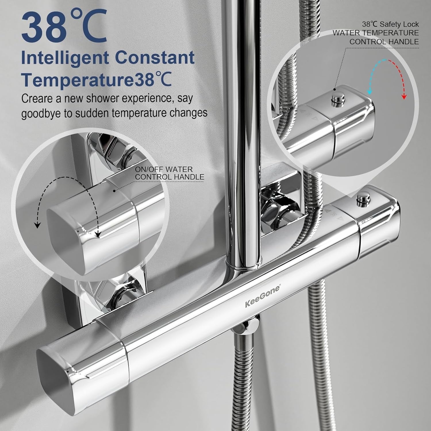 Thermostatic Shower Mixer Set 25cm Rainfall Head 3 Mode Handset Chrome Adjustabl