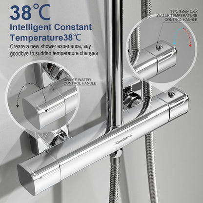 Thermostatic Shower Mixer Set 25cm Rainfall Head 3 Mode Handset Chrome Adjustabl