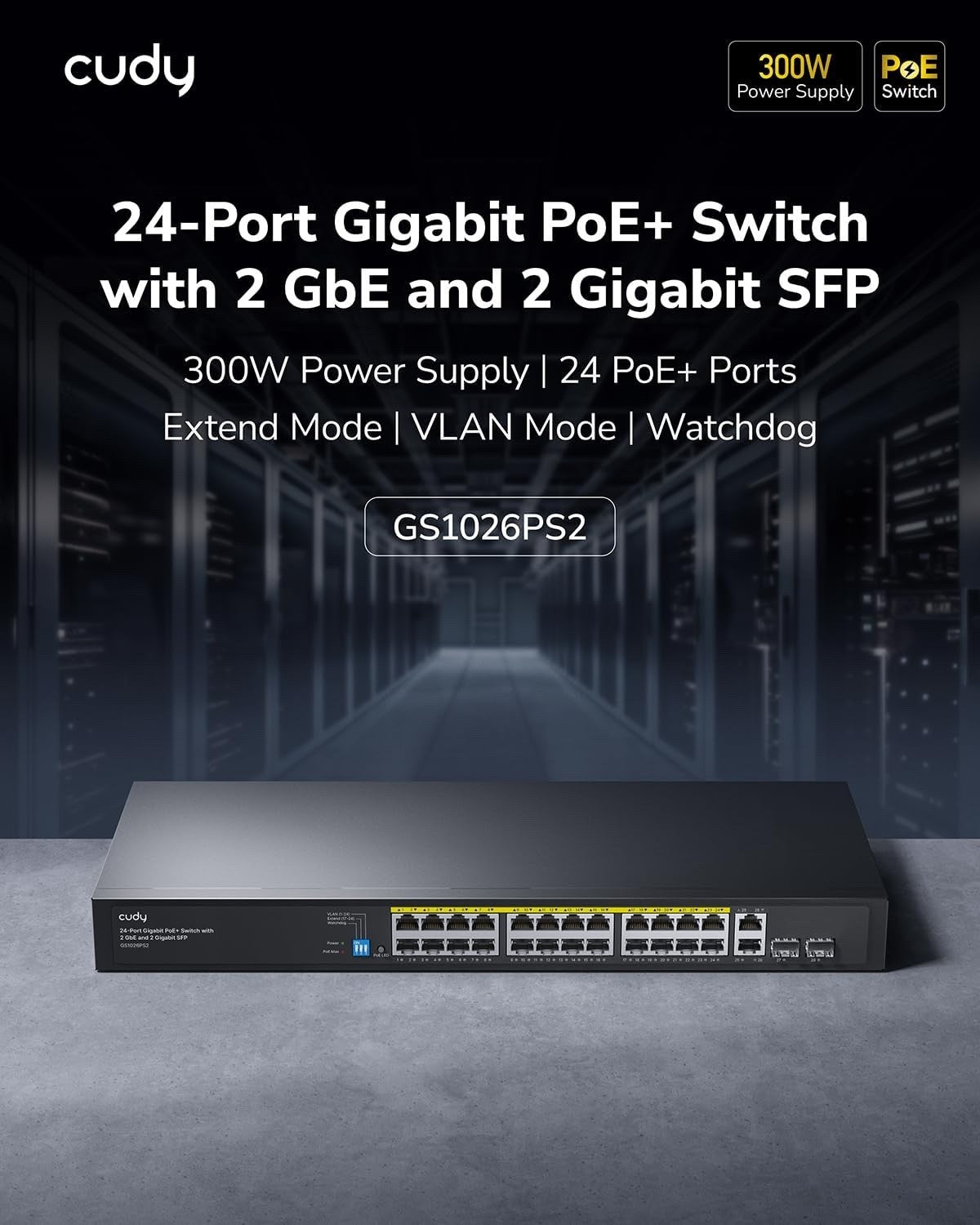 24 Port Gigabit PoE Network Switch 300W Unmanaged Ethernet 2 SFP Rackmount LAN