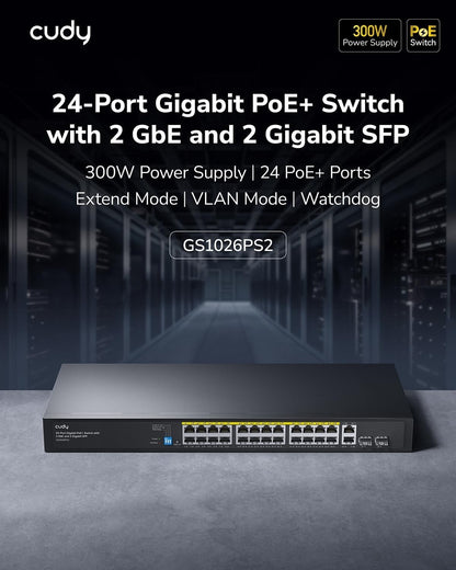 24 Port Gigabit PoE Network Switch 300W Unmanaged Ethernet 2 SFP Rackmount LAN