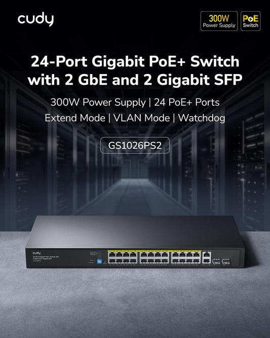 24 Port Gigabit PoE Network Switch 300W Unmanaged Ethernet 2 SFP Rackmount LAN