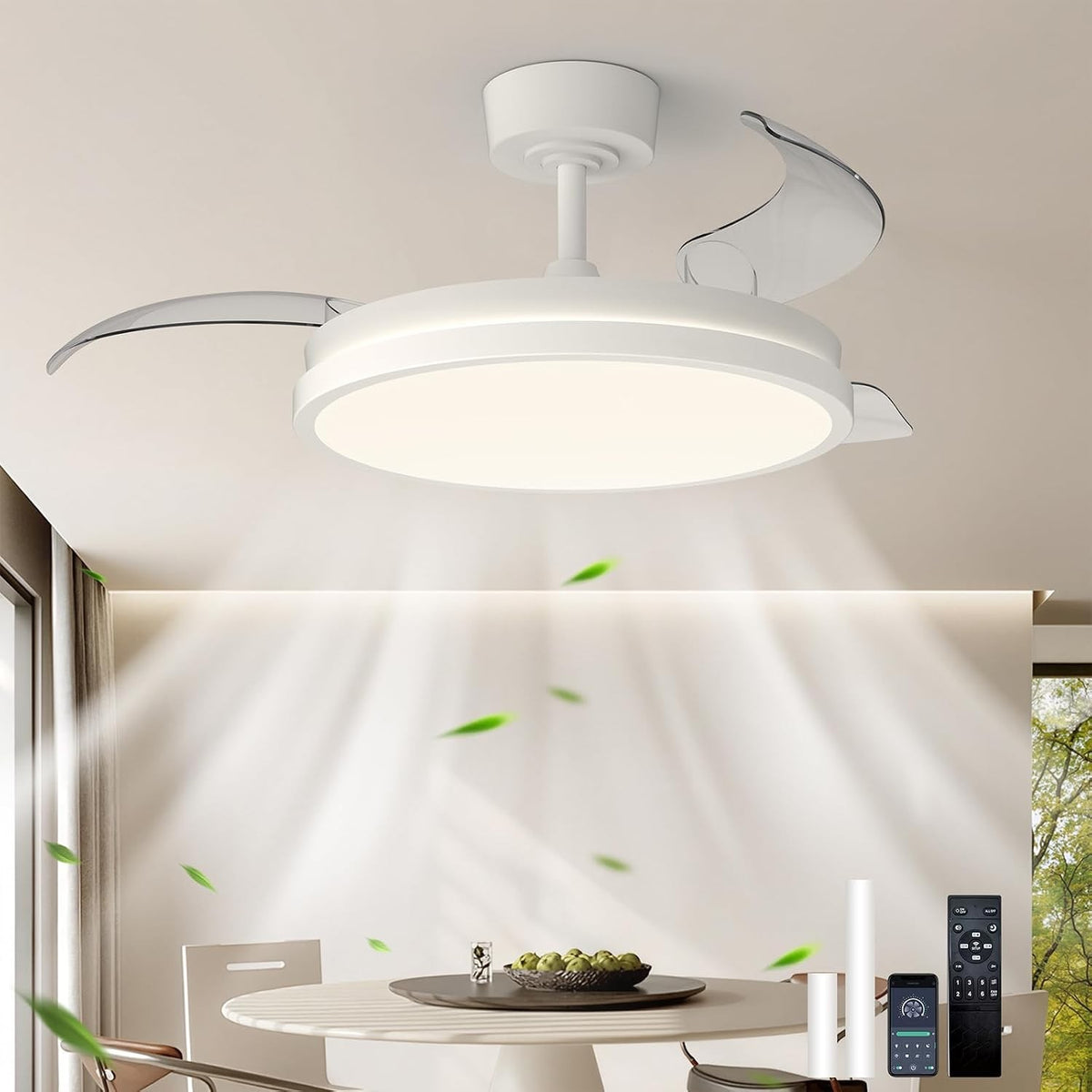 Ceiling Fan Light LED Remote Control 106cm Retractable Blades 6 Speed DC White