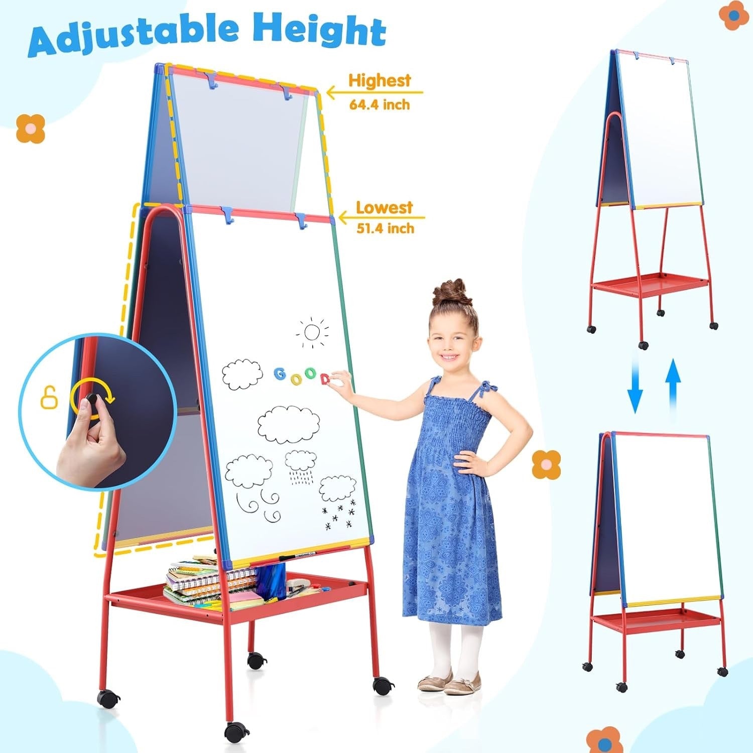 Mobile Whiteboard Stand 90x60cm Height Adjustable Double Sided