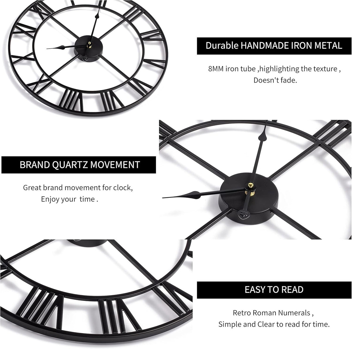 Vintage Wall Clock 40cm Silent Non Ticking Roman Numeral Metal Battery Operated