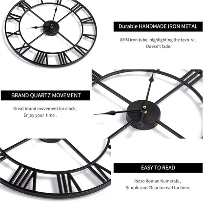 Vintage Wall Clock 40cm Silent Non Ticking Roman Numeral Metal Battery Operated