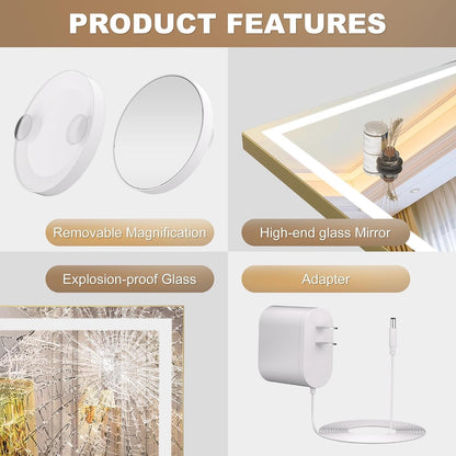 Vanity Makeup Mirror 23x18in LED 3 Light Modes Touch Control Gold Hasipu