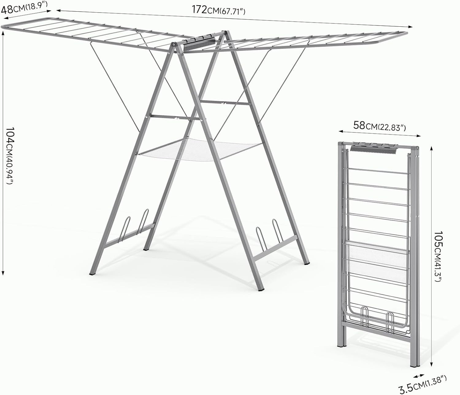 Clothes Airer Drying Rack Foldable Height Adjustable Laundry Indoor Outdoor Grey