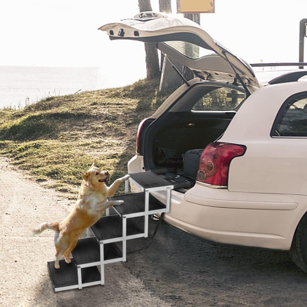 Dog Steps Car Stairs Ramp 5 Step Folding Aluminium Non Slip 80kg SUV Pet Portabl